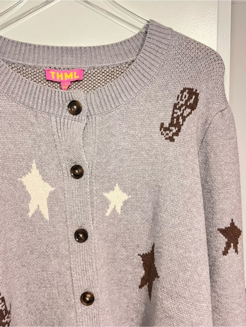 NWT Knit Cardigan BoHo Western Horse Equestrian Boots Stars Gray Brown Cream XL - Picture 7 of 16